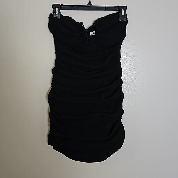 Zara Black Draped Ruched Mini Dress Sz Small - Picture 2 of 7